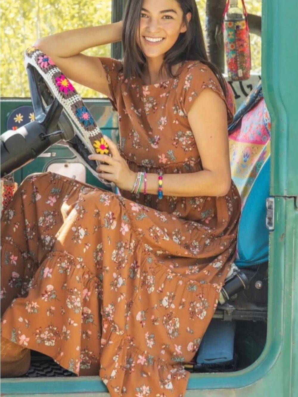 Natural Life Berkley Maxi Dress XS Brown Bouquet Floral Tiered Boho
